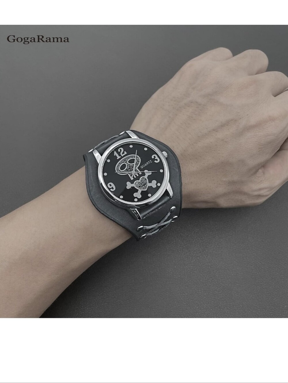 FUN Unisex Goth Black Skull Heart Cuff Watch - Picture 6 of 8